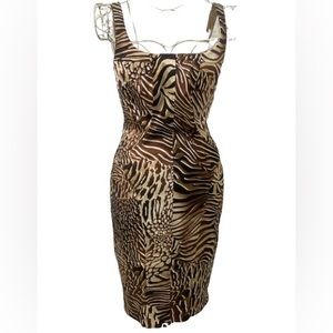 David Meister animal print corset style dress knee length square neck party SZ 2